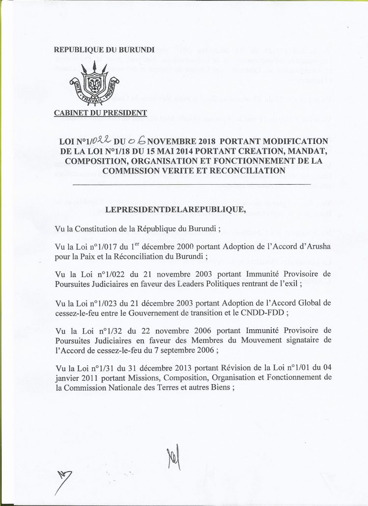 Burundi : La loi sur la CVR