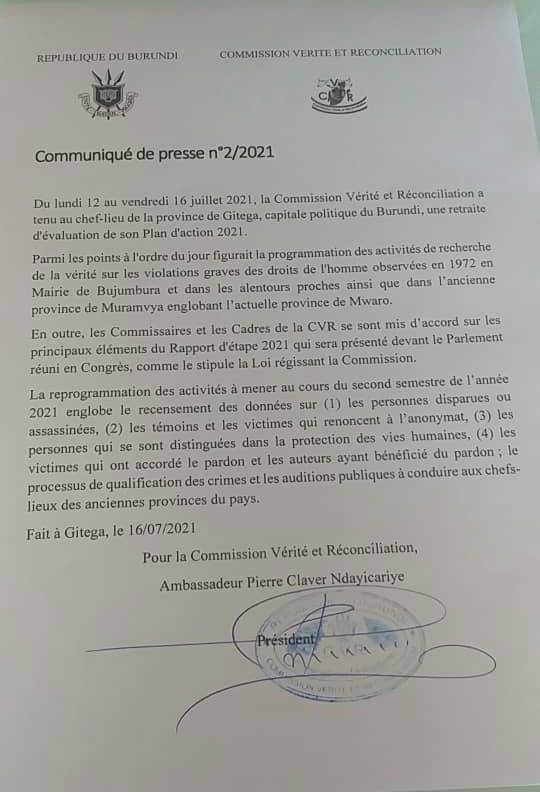 Gitega: Communique de presse