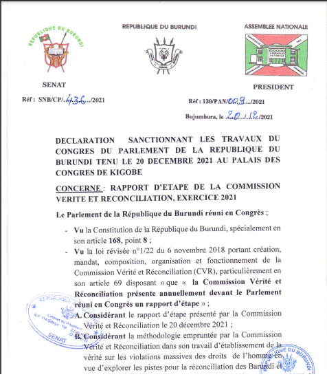 Burundi : Déclaration du Parlement burundais sur le rapport d’étape de la CVR, exercice 2021