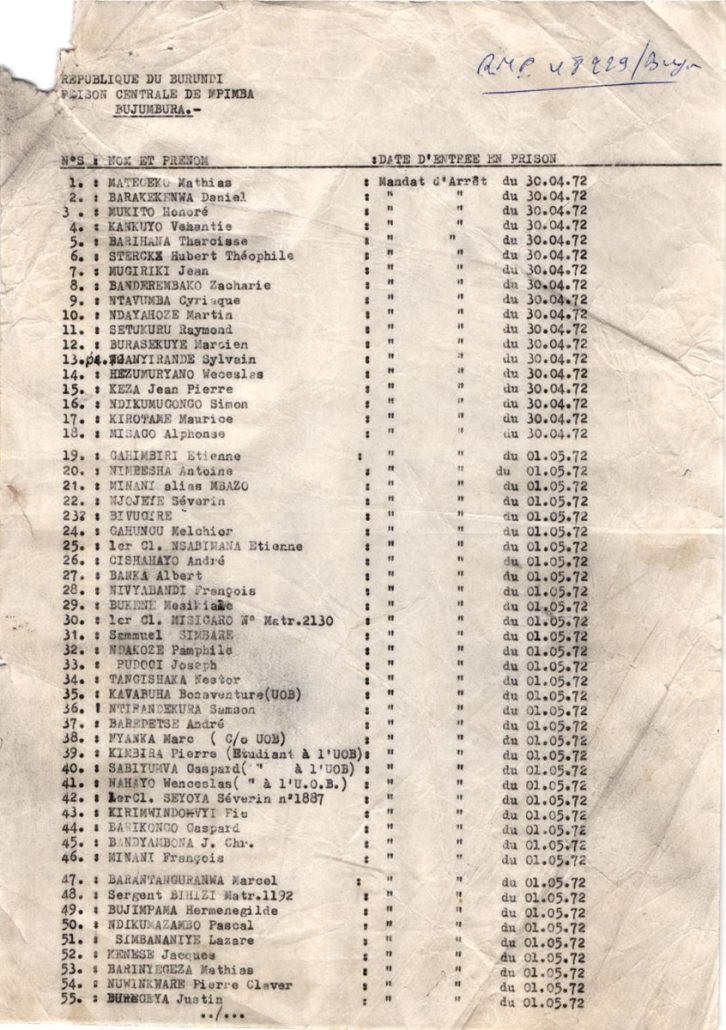 Bujumbura-Mairie : La liste des personnes arrêtées dans la prison Centrale de Mpimba dès le lendemain du début du génocide de 1972 au Burundi.