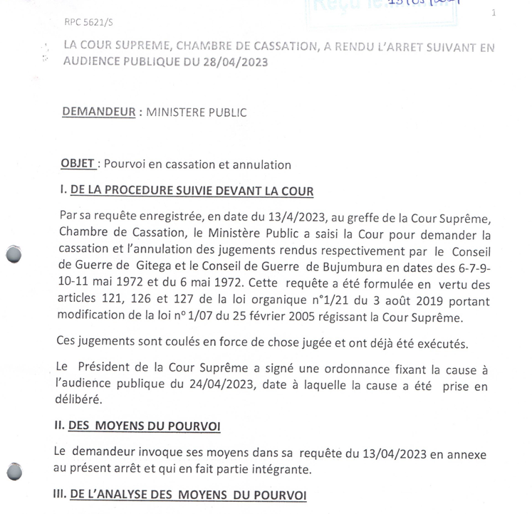 Burundi, Génocide de 1972-1973/Cassation et annulation du procès de mai 1972 par la Cour Suprême