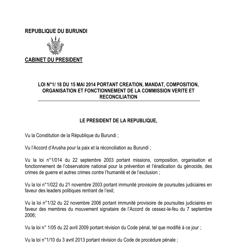 Loi numéro 1/18 du 15 mai 2014 portant création, mandat, organisation et fonctionnement de la Commission Vérité et Réconciliation