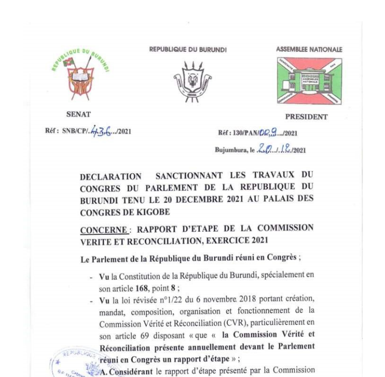 Génocide de 1972-1973 : le Parlement burundais adopte une déclaration historique
